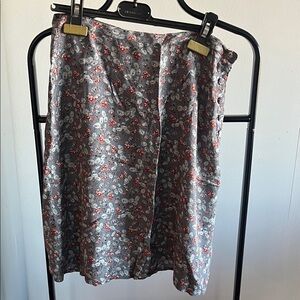A-Line Satin Midi Skirt in Gray with Red Floral Accent. From Cacharel Paris